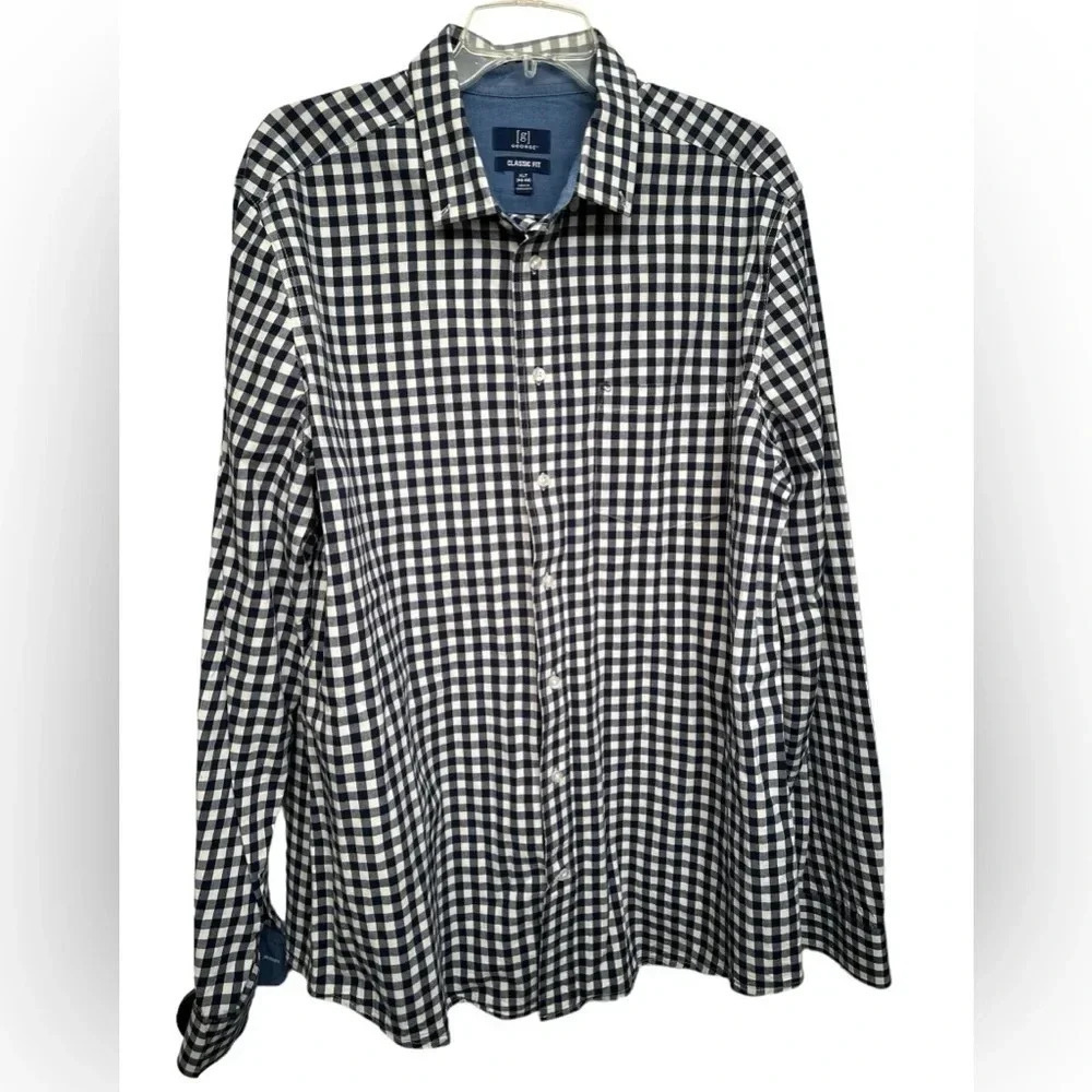 George classic fit long sleeved navy and white checked button up